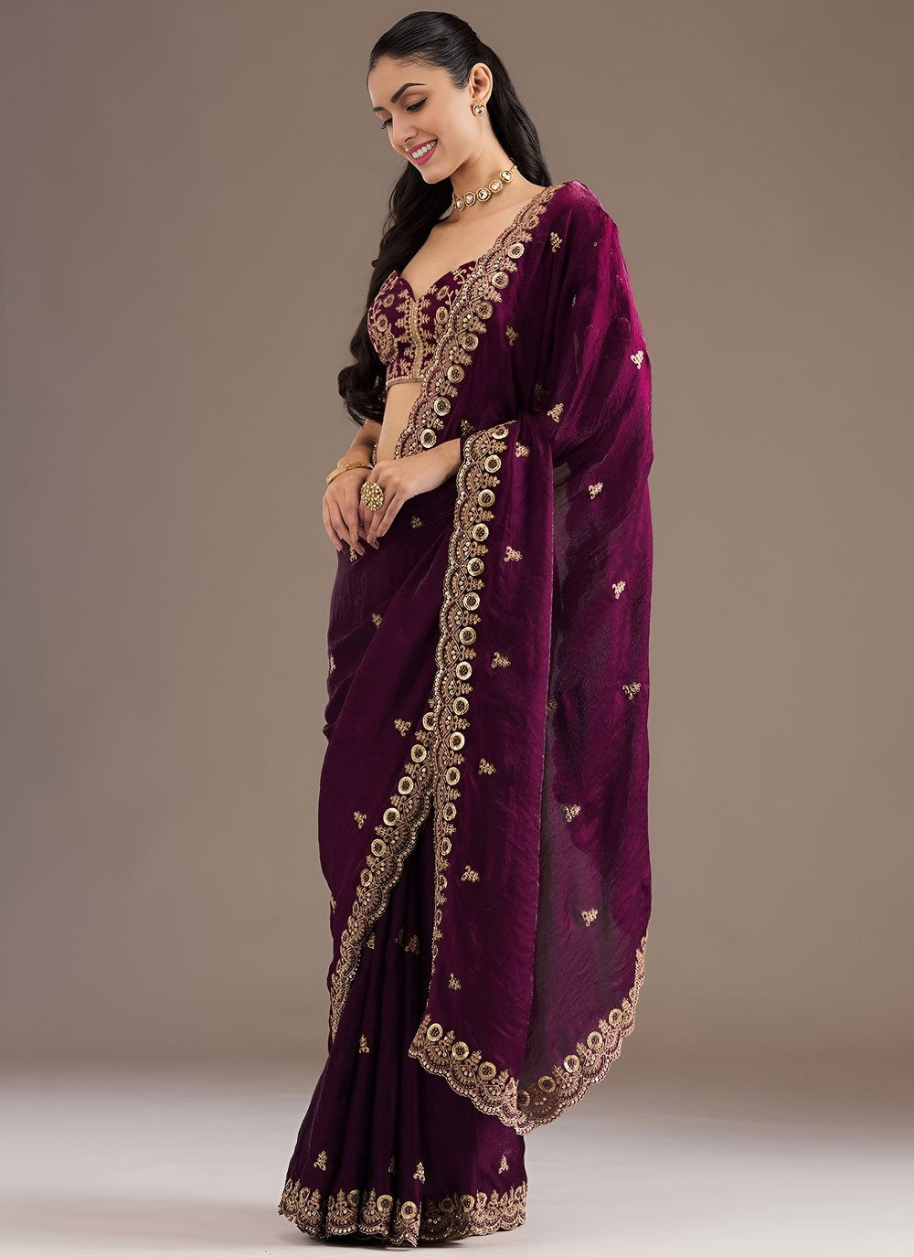 Wine wedding reception tissue saree with zari embroidery