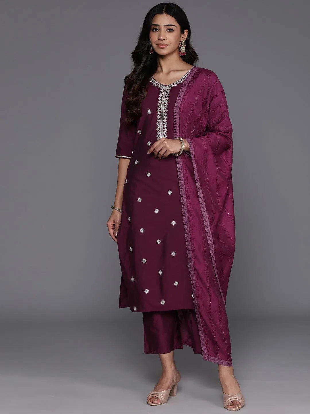 Mameraa Wine Embroidered Silk Blend Straight Suit With Dupatta
