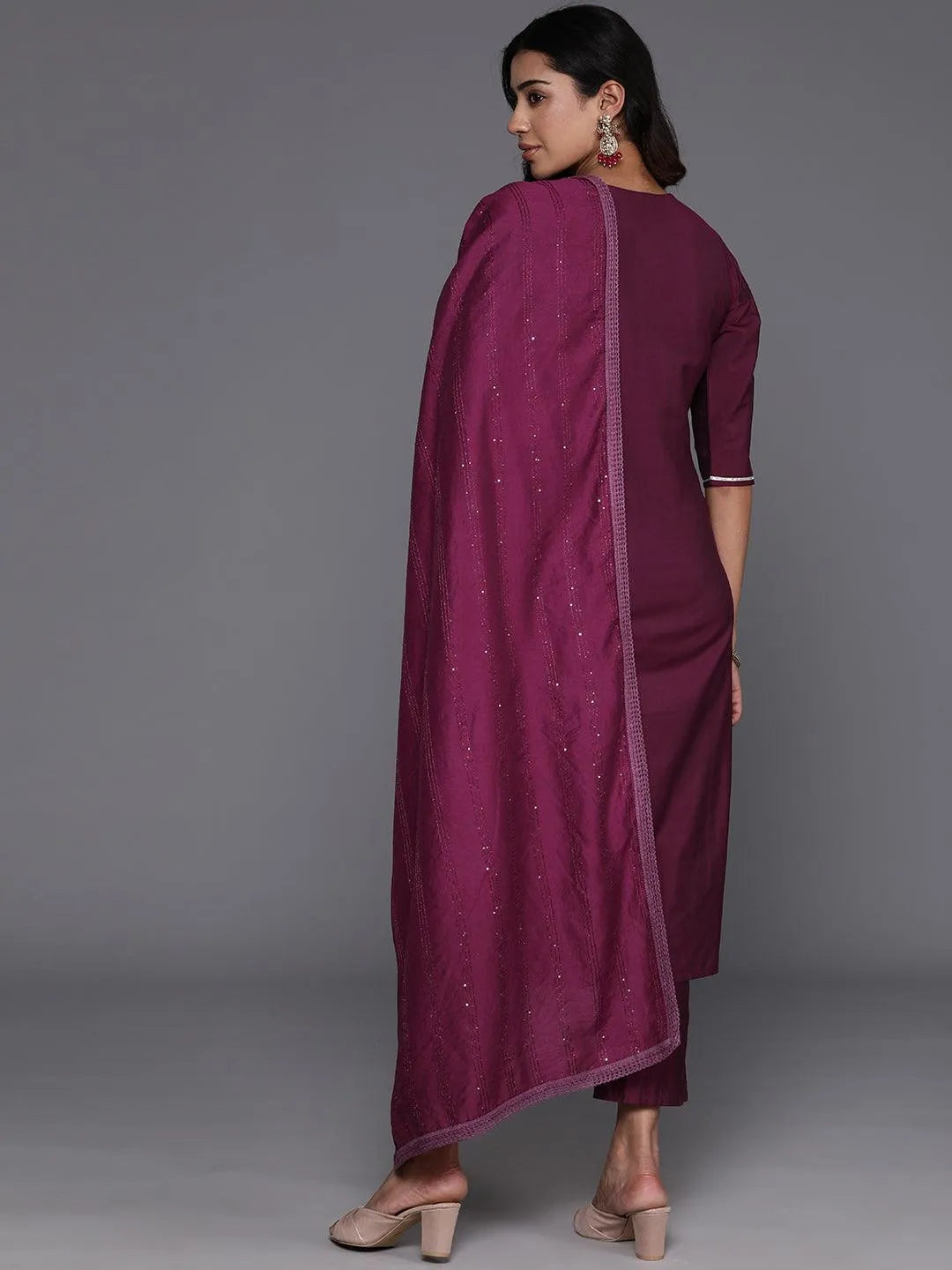 Mameraa Wine Embroidered Silk Blend Straight Suit With Dupatta