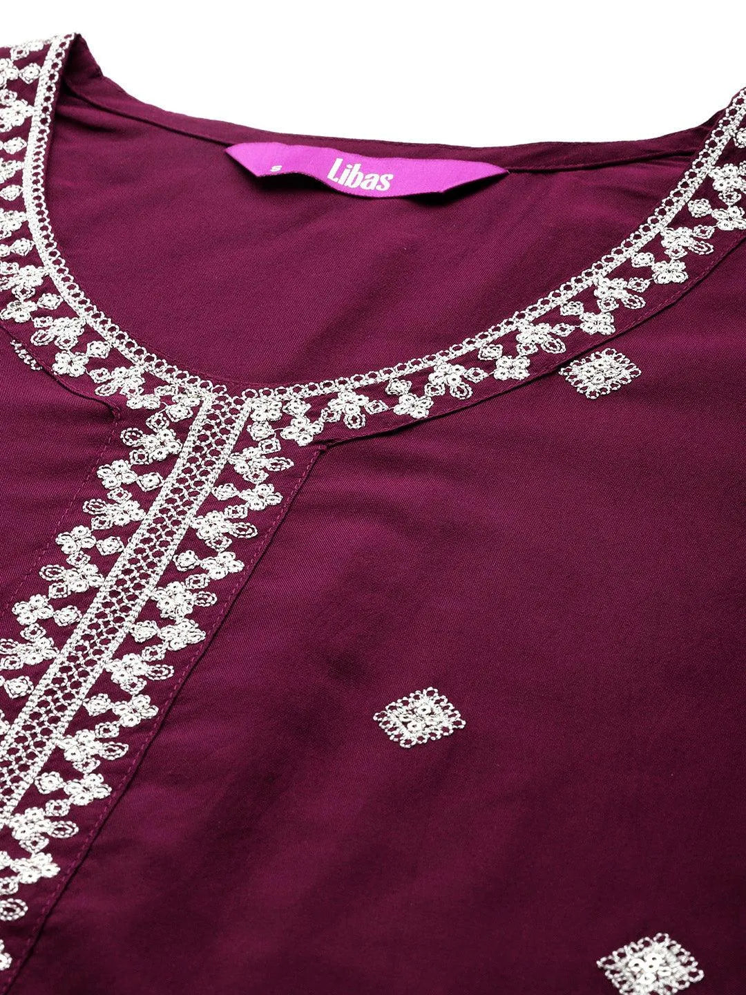 Mameraa Wine Embroidered Silk Blend Straight Suit With Dupatta