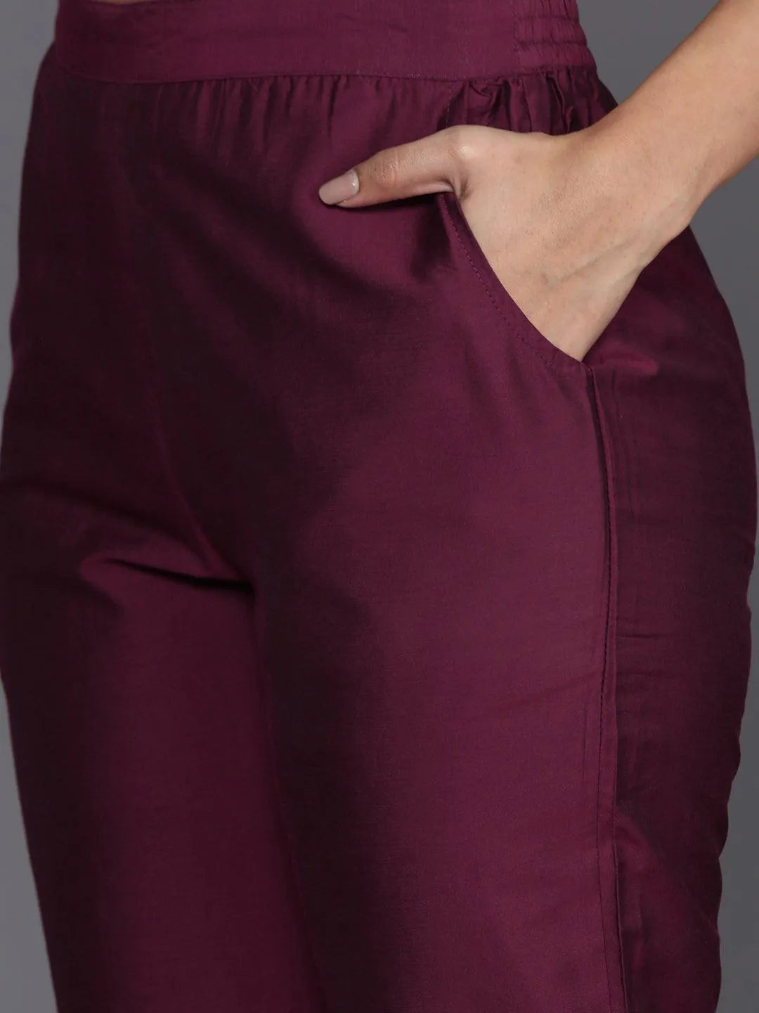 Mameraa Wine Embroidered Silk Blend Straight Suit With Dupatta