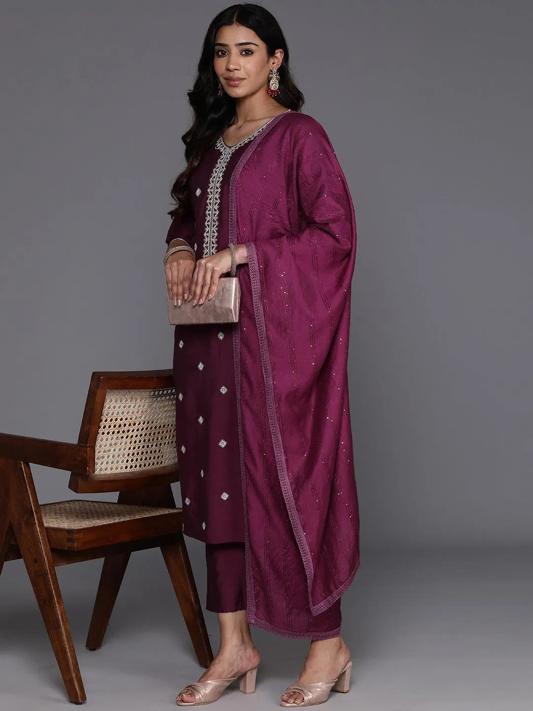 Mameraa Wine Embroidered Silk Blend Straight Suit With Dupatta