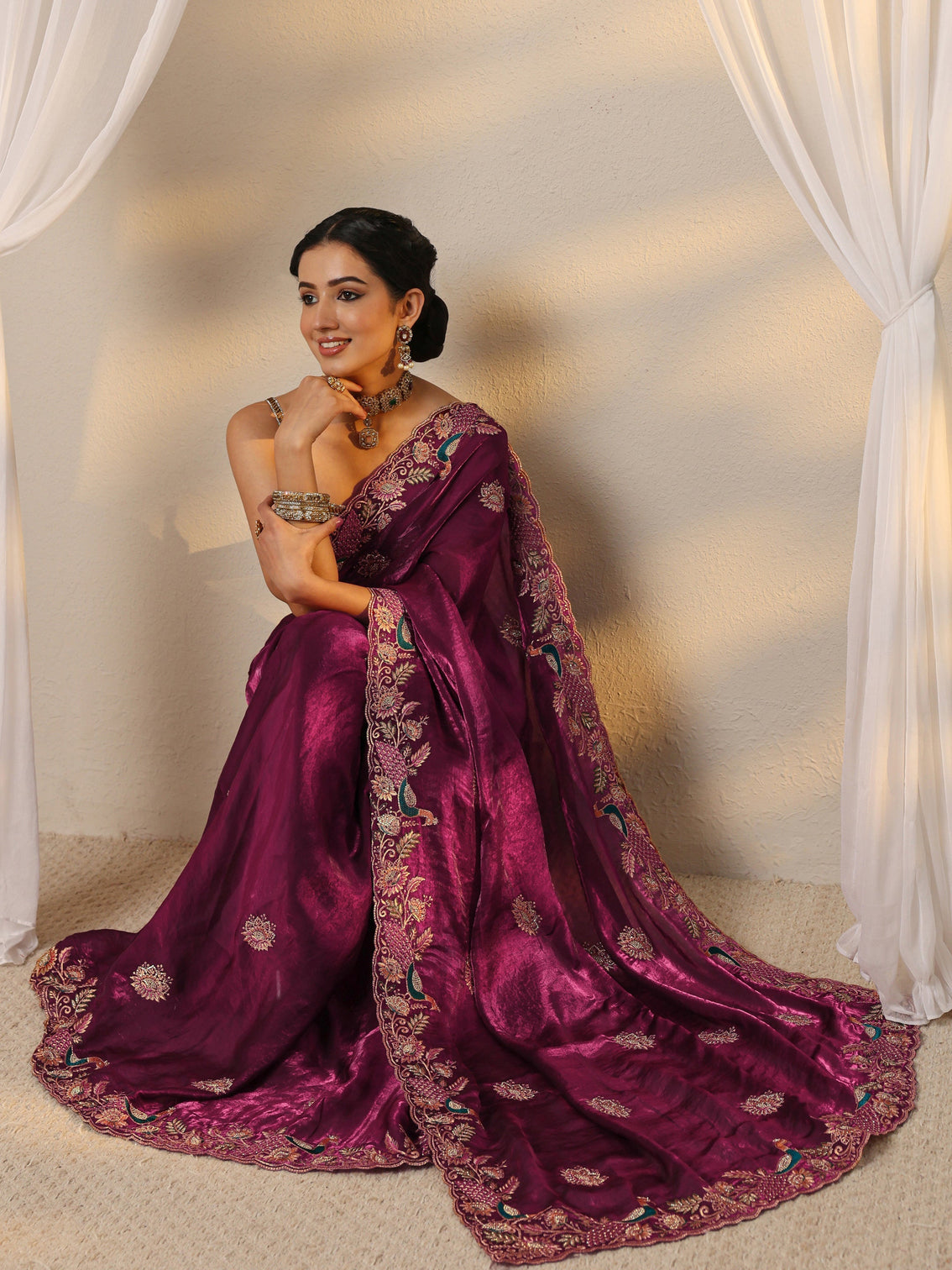 Mameraa Wine Ethnic Embroidered Tissue Saree With Unstitched Blouse Piece