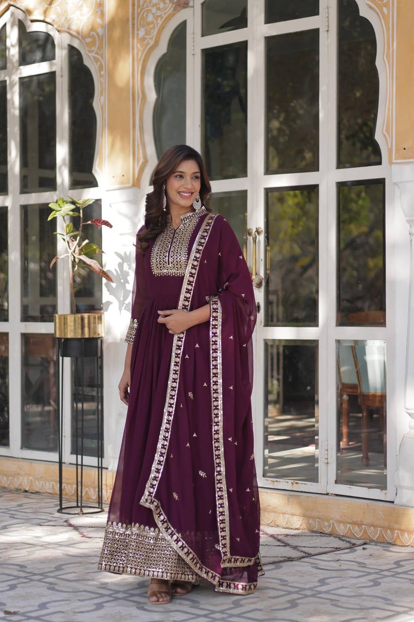 Wine Faux Blooming Georgette Gown with Dupatta