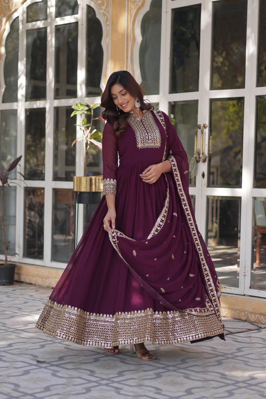 Wine Faux Blooming Georgette Gown with Dupatta