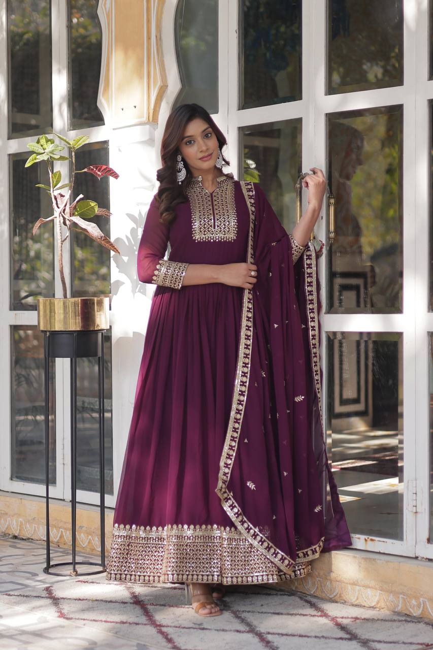 Wine Faux Blooming Georgette Gown with Dupatta