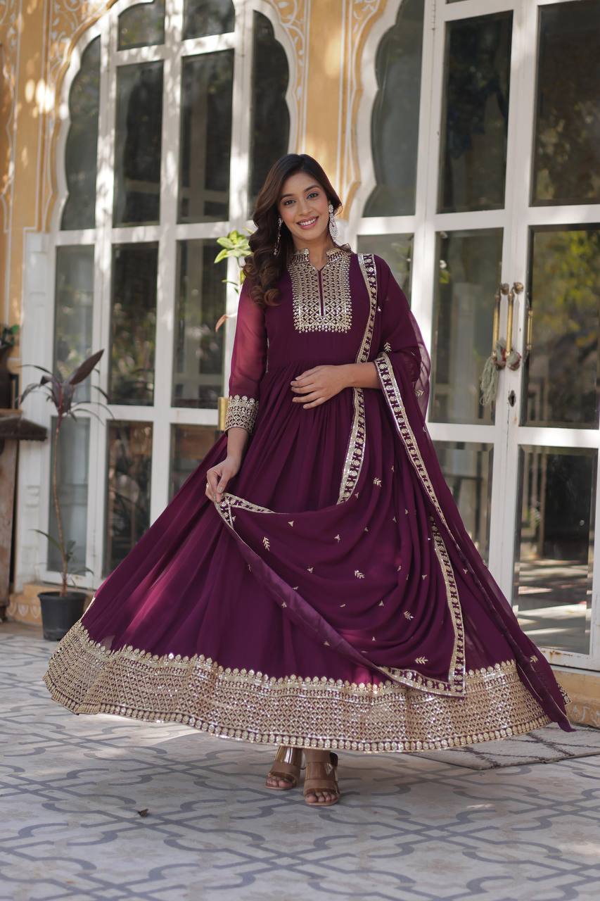 Wine Faux Blooming Georgette Gown with Dupatta