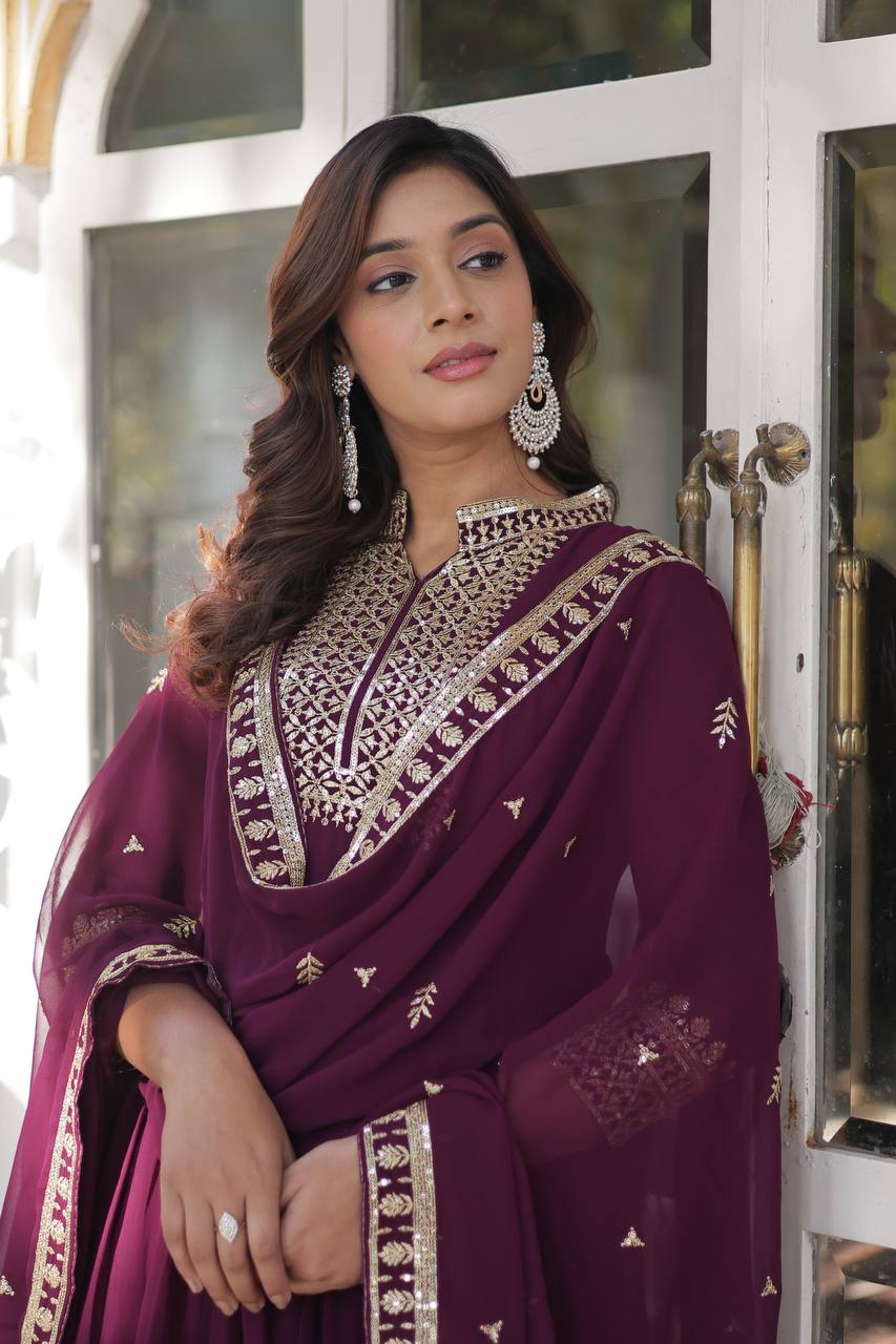 Wine Faux Blooming Georgette Gown with Dupatta