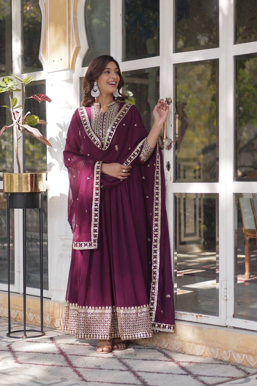 Wine Faux Blooming Georgette Gown with Dupatta
