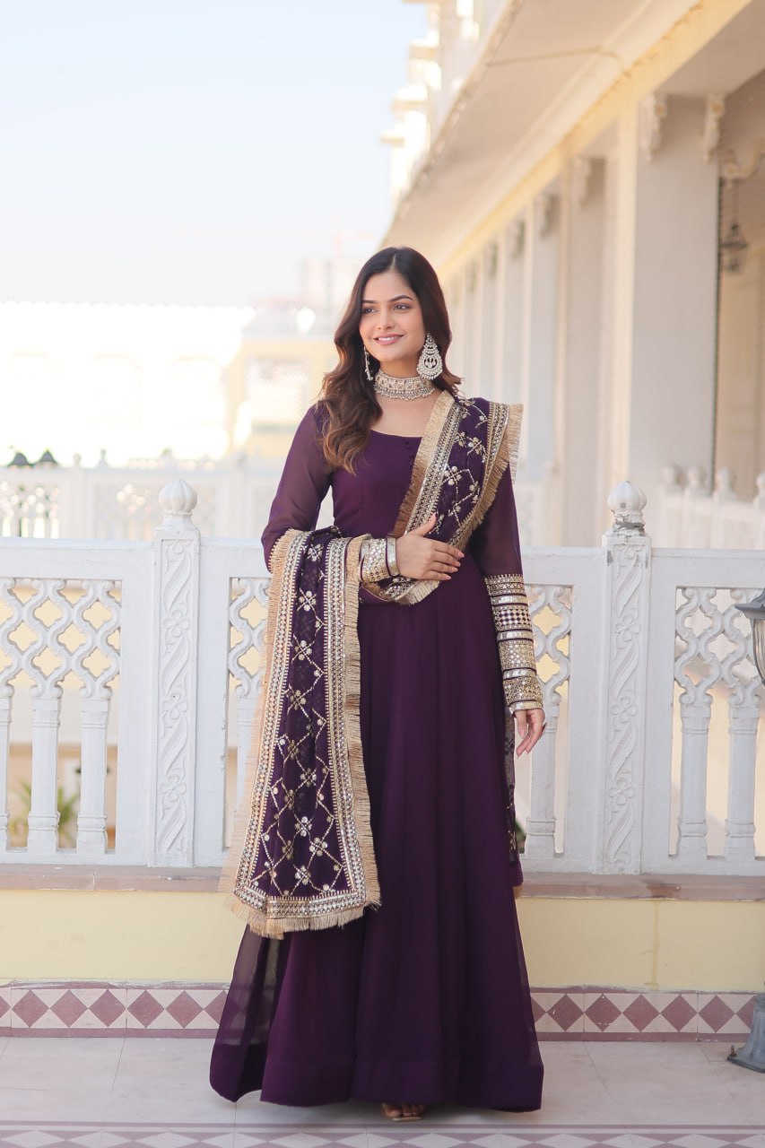 Wine Faux Blooming Gown with Dupatta Featuring Attractive Embroidered Sequins Work and Lace Border