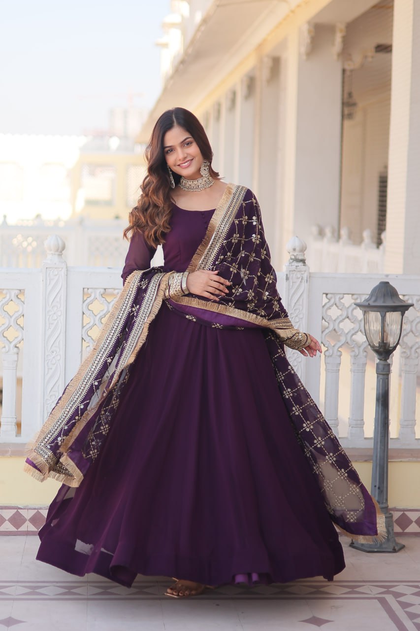 Wine Faux Blooming Gown with Dupatta Featuring Attractive Embroidered Sequins Work and Lace Border