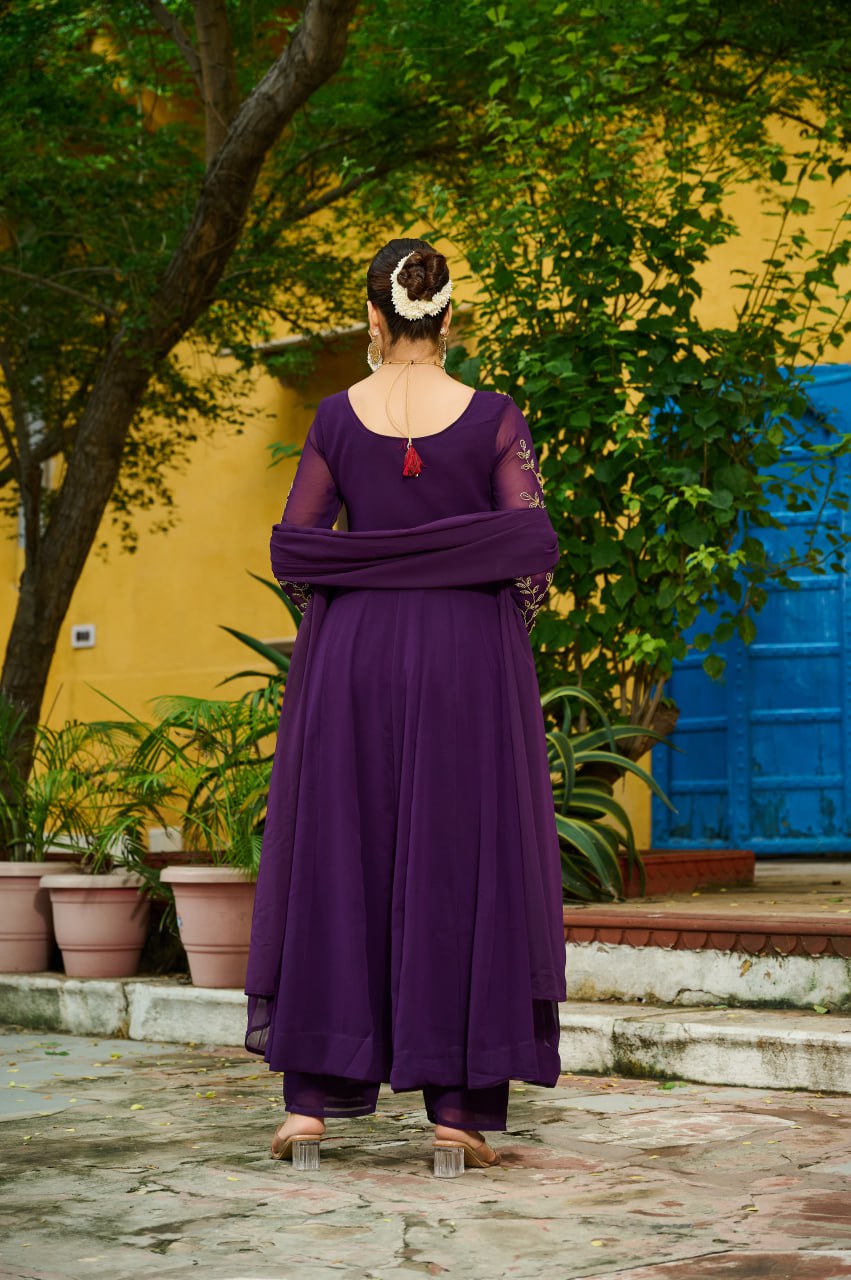 Wine Faux Blooming Multithread Beads Embroidered Gown Set with Matching Bottom & Dupatta – Stitched Ensemble