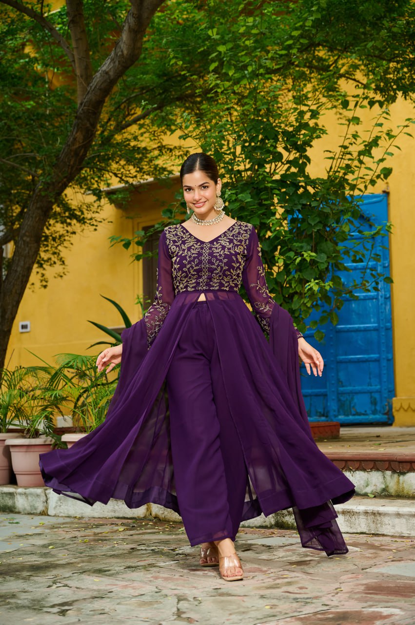 Wine Faux Blooming Multithread Beads Embroidered Gown Set with Matching Bottom & Dupatta – Stitched Ensemble