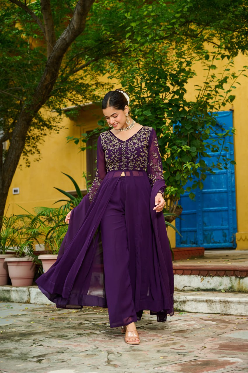 Wine Faux Blooming Multithread Beads Embroidered Gown Set with Matching Bottom & Dupatta – Stitched Ensemble