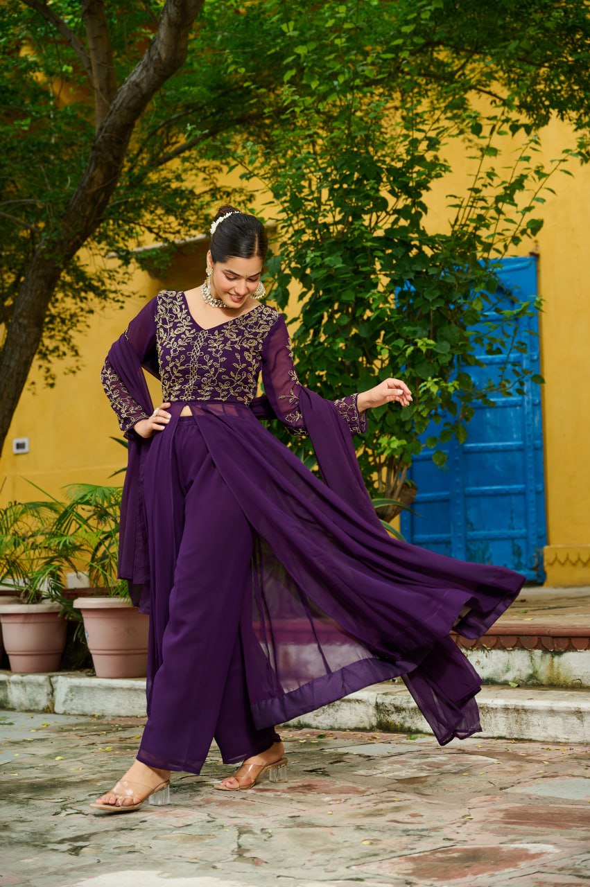 Wine Faux Blooming Multithread Beads Embroidered Gown Set with Matching Bottom & Dupatta – Stitched Ensemble