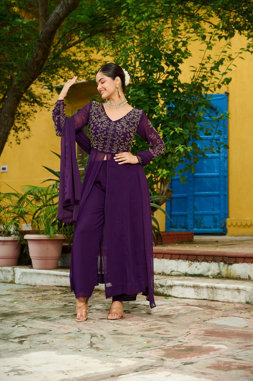 Wine Faux Blooming Multithread Beads Embroidered Gown Set with Matching Bottom & Dupatta – Stitched Ensemble