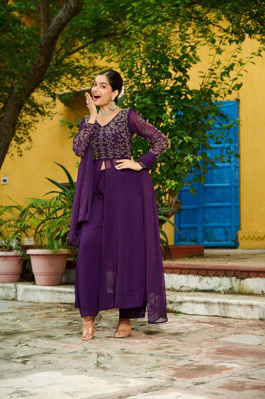 Wine Faux Blooming Multithread Beads Embroidered Gown Set with Matching Bottom & Dupatta – Stitched Ensemble