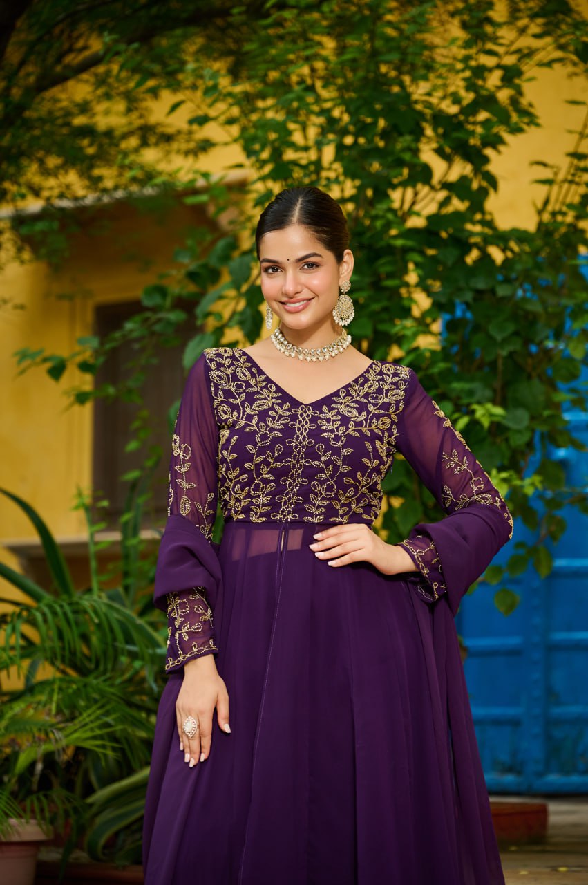 Wine Faux Blooming Multithread Beads Embroidered Gown Set with Matching Bottom & Dupatta – Stitched Ensemble