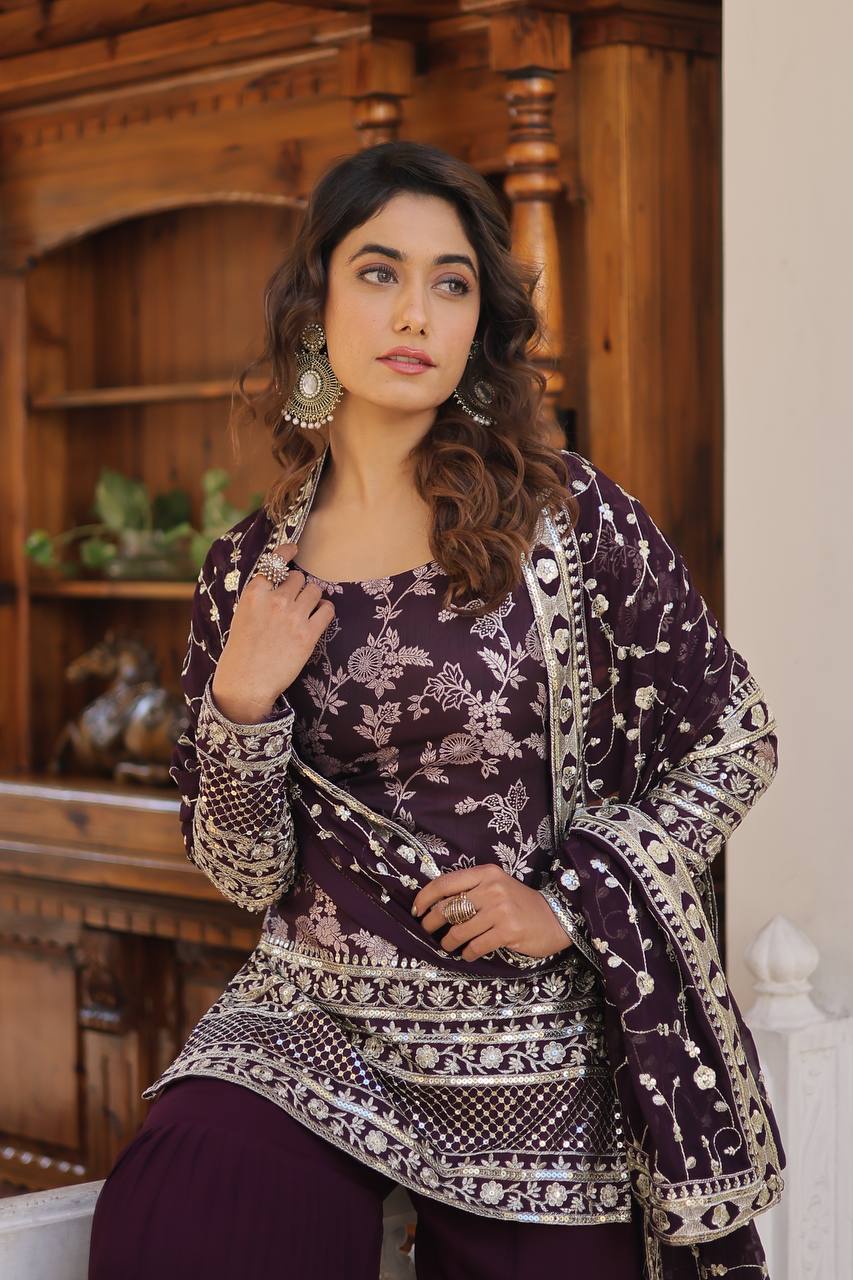 Wine Faux Blooming Sequins & Zari Embroidered Readymade Gharara Suit Set
