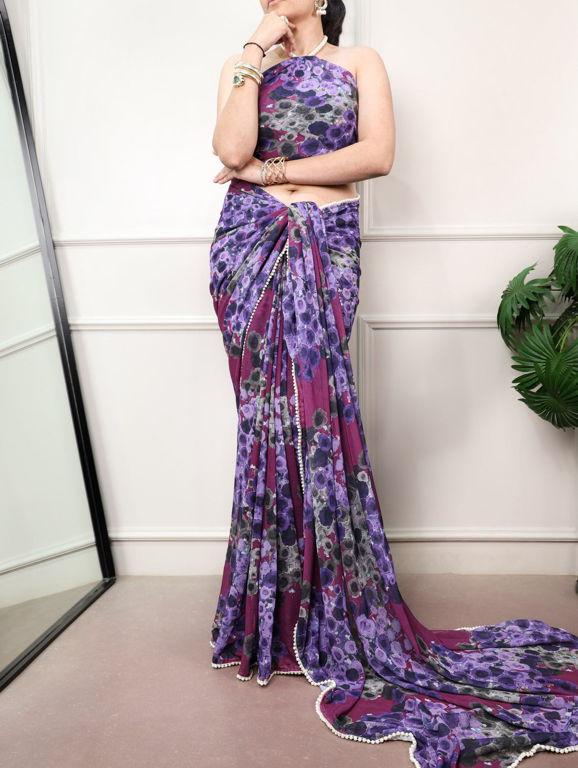 Wine Floral Marble Drape Saree