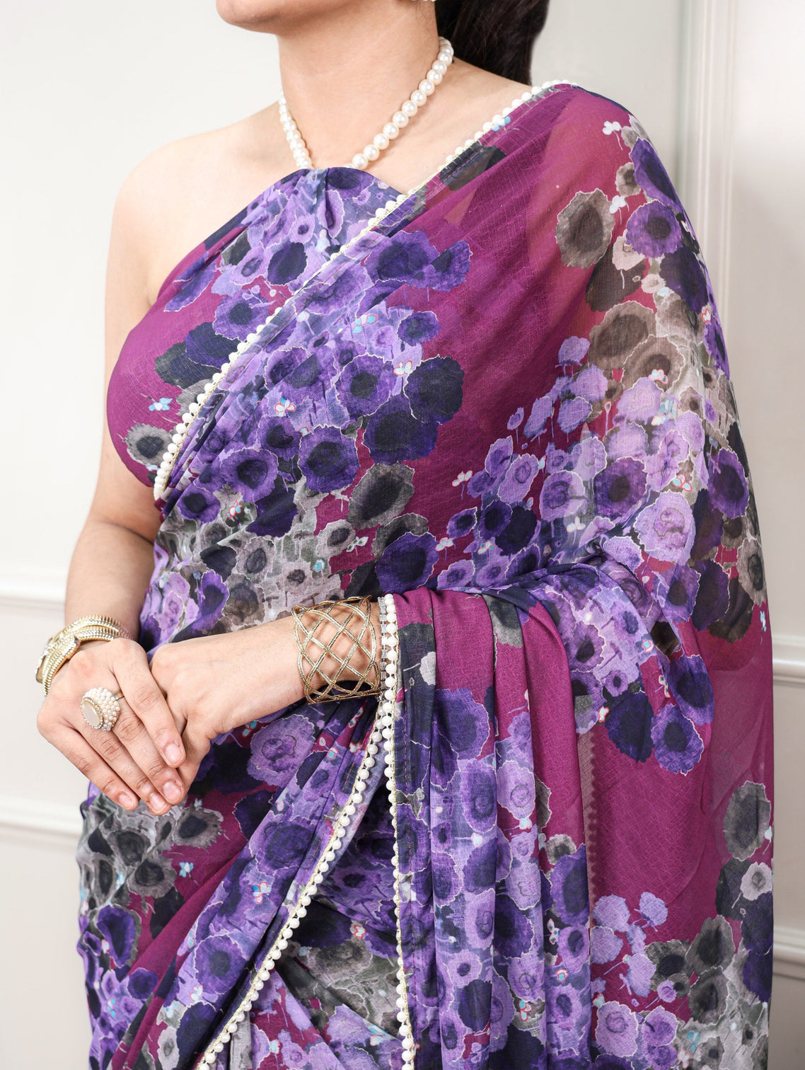 Wine Floral Marble Drape Saree