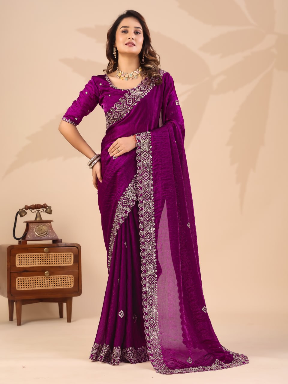 Wine Frendi Silk Saree with Sequin Work