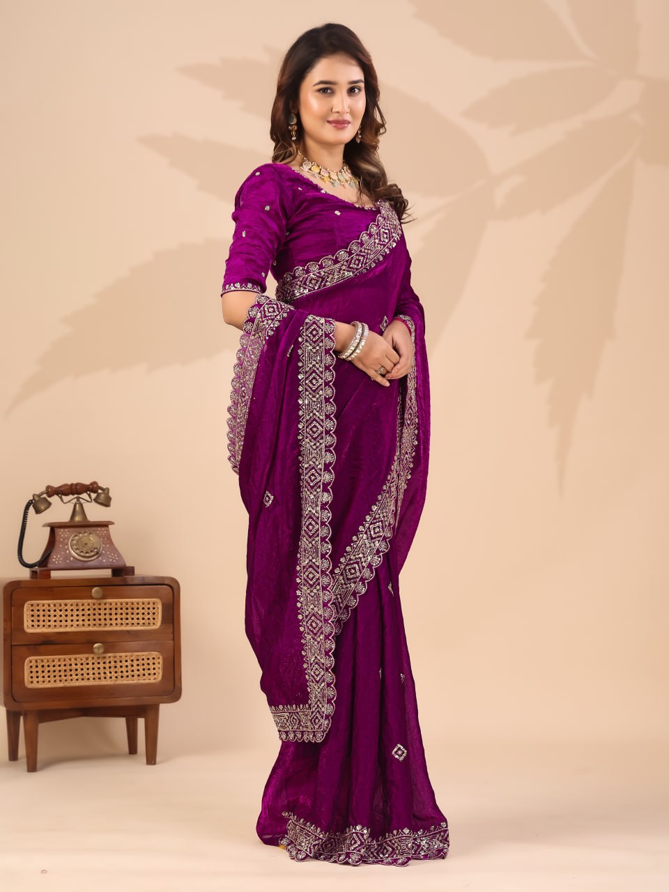 Wine Frendi Silk Saree with Sequin Work