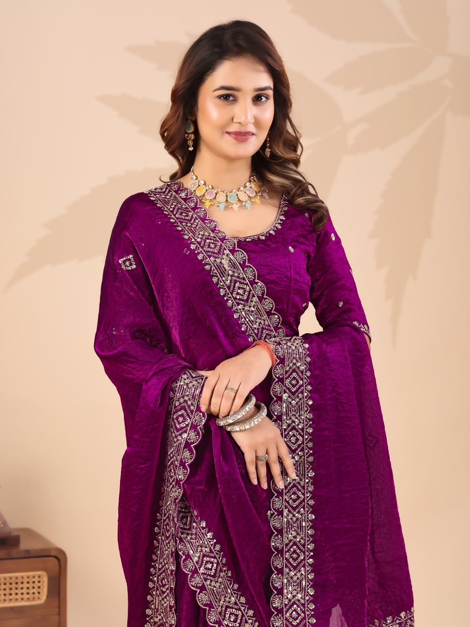 Wine Frendi Silk Saree with Sequin Work