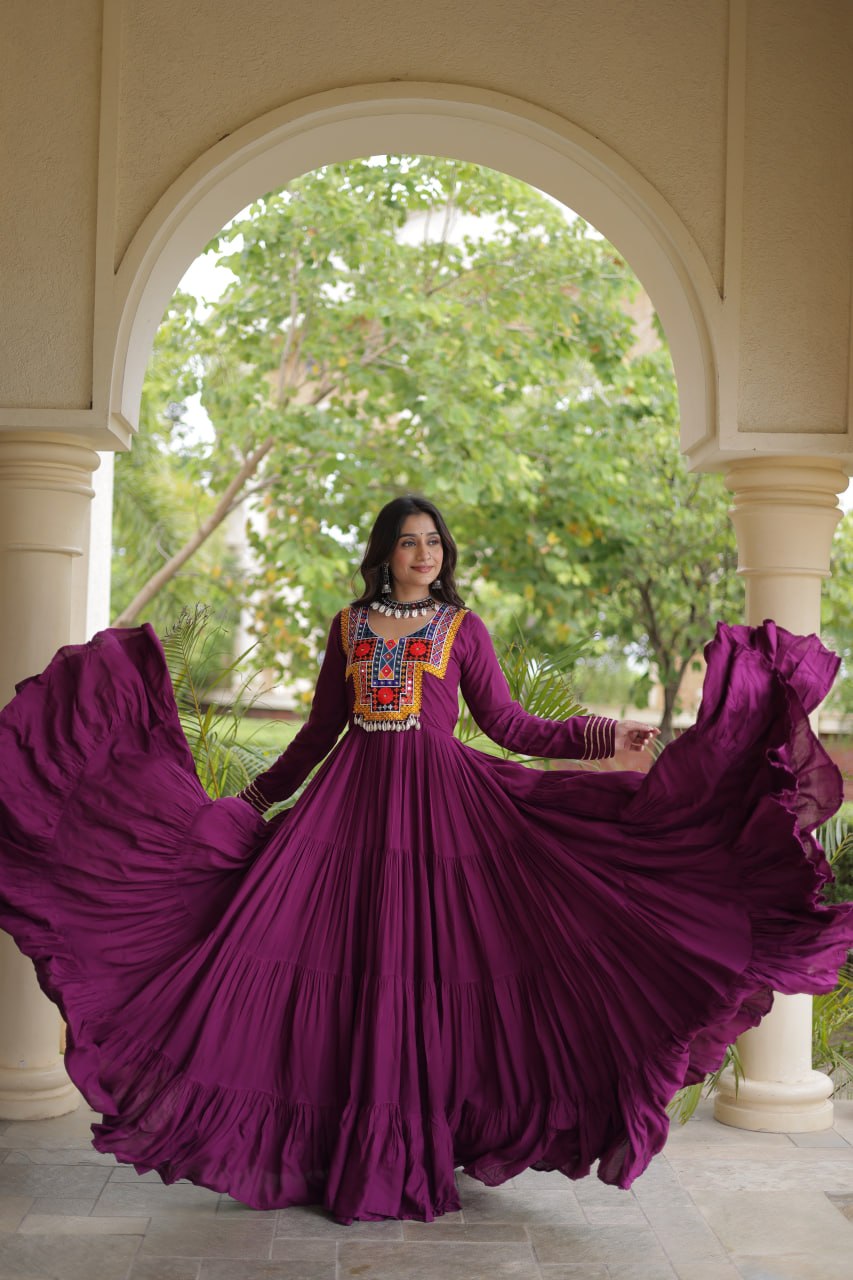 Wine Gamthi Mirror Work Gown