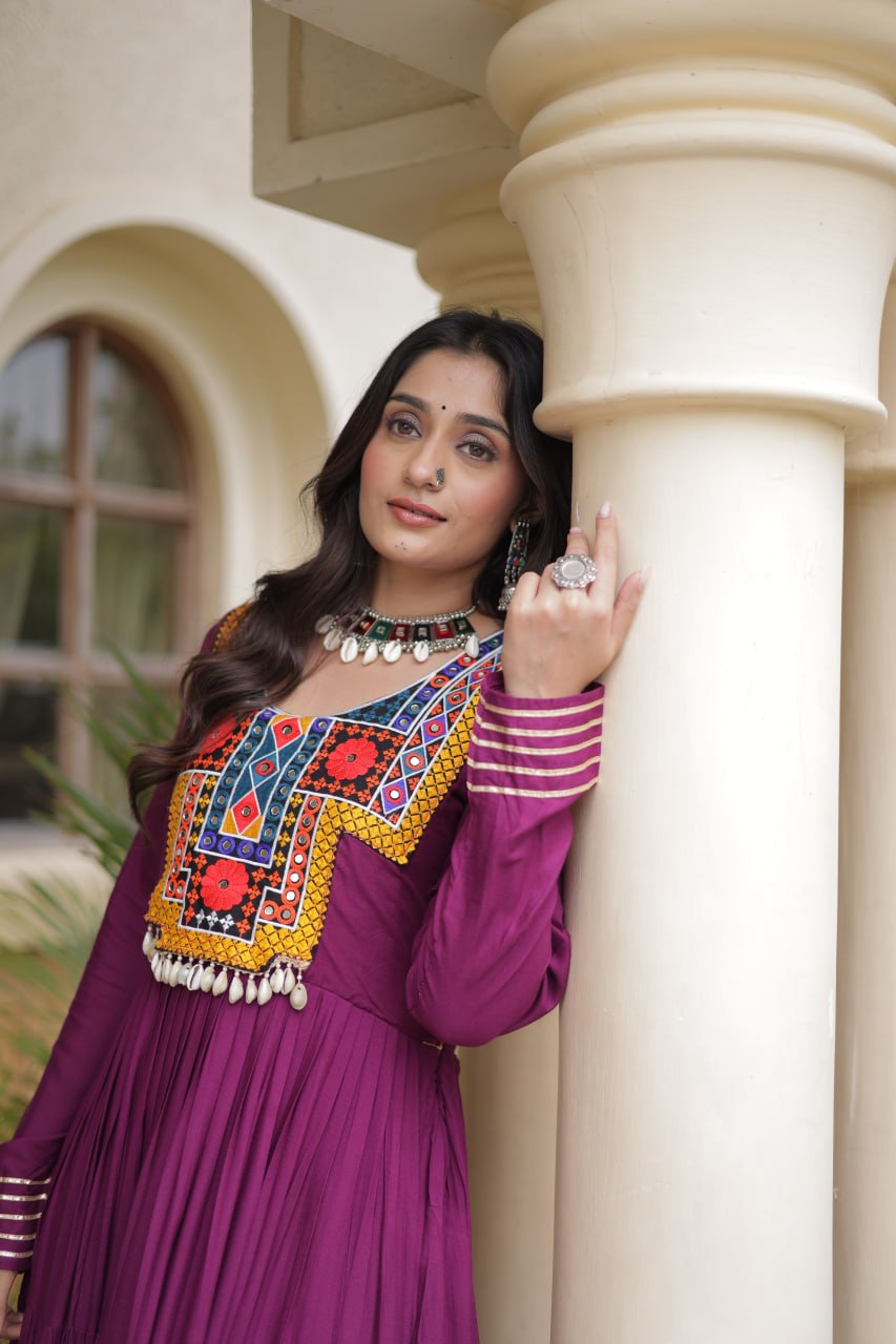 Wine Gamthi Mirror Work Gown