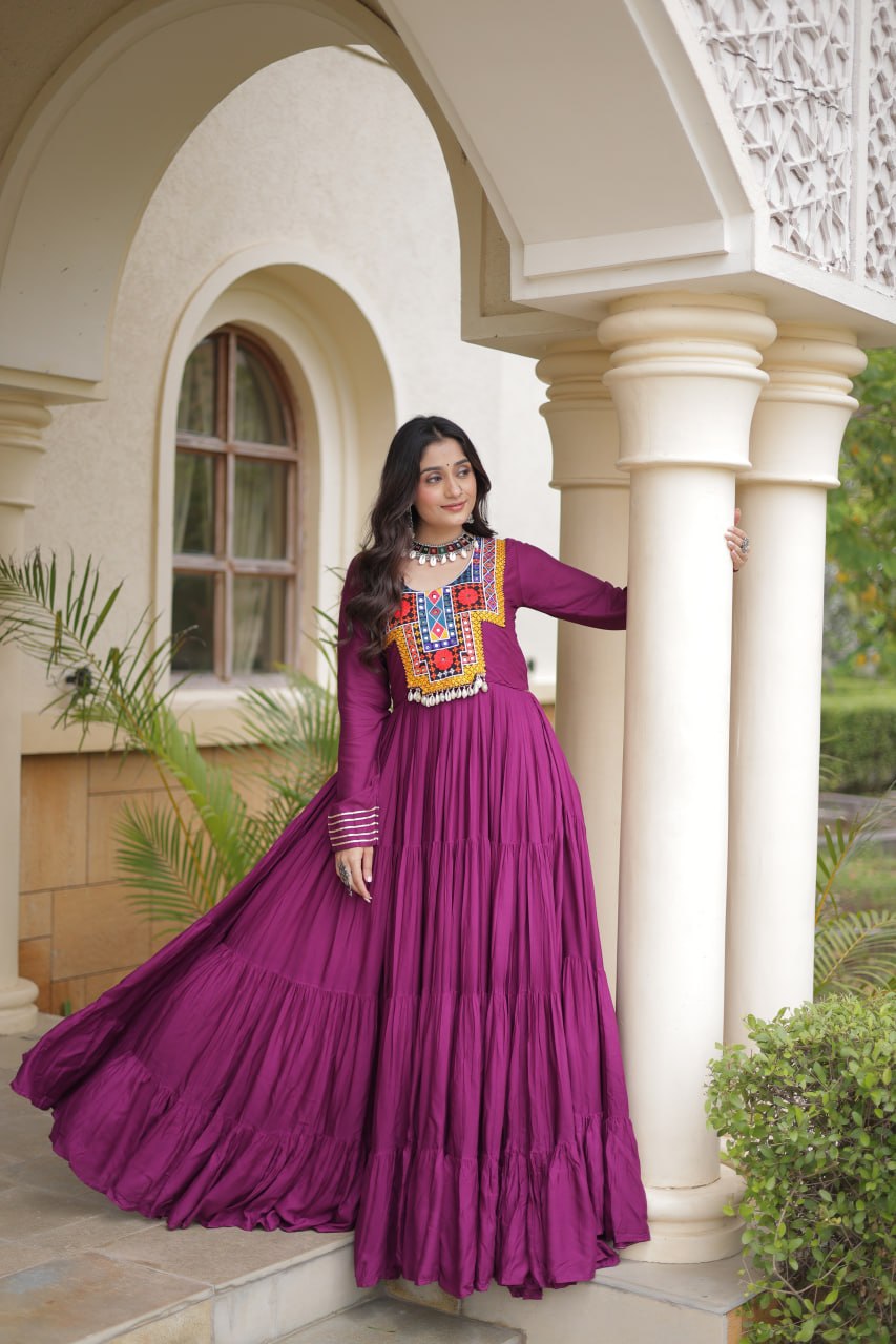 Wine Gamthi Mirror Work Gown