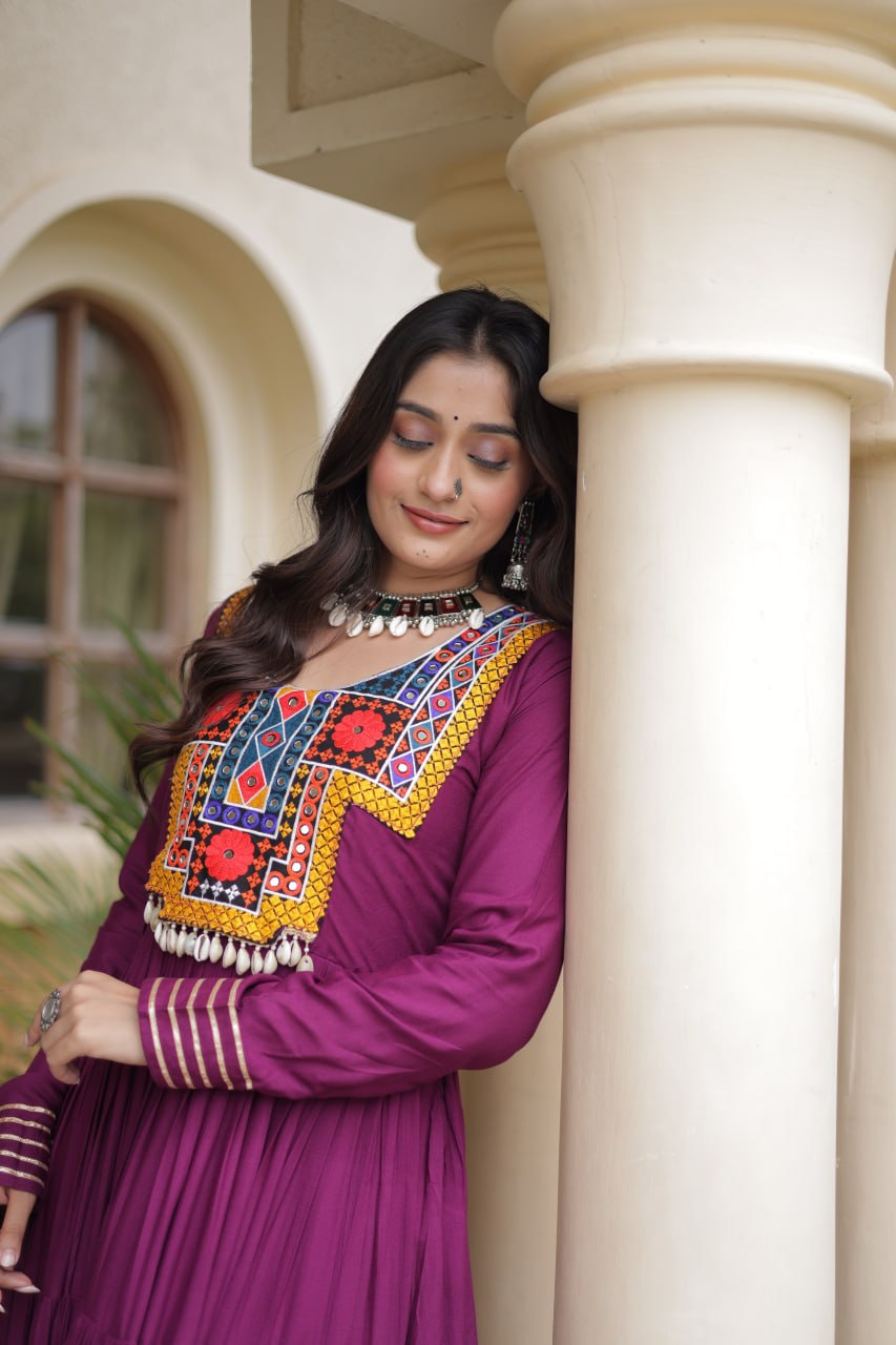 Wine Gamthi Mirror Work Gown