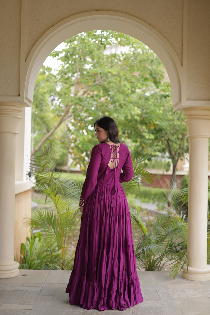 Wine Gamthi Mirror Work Gown