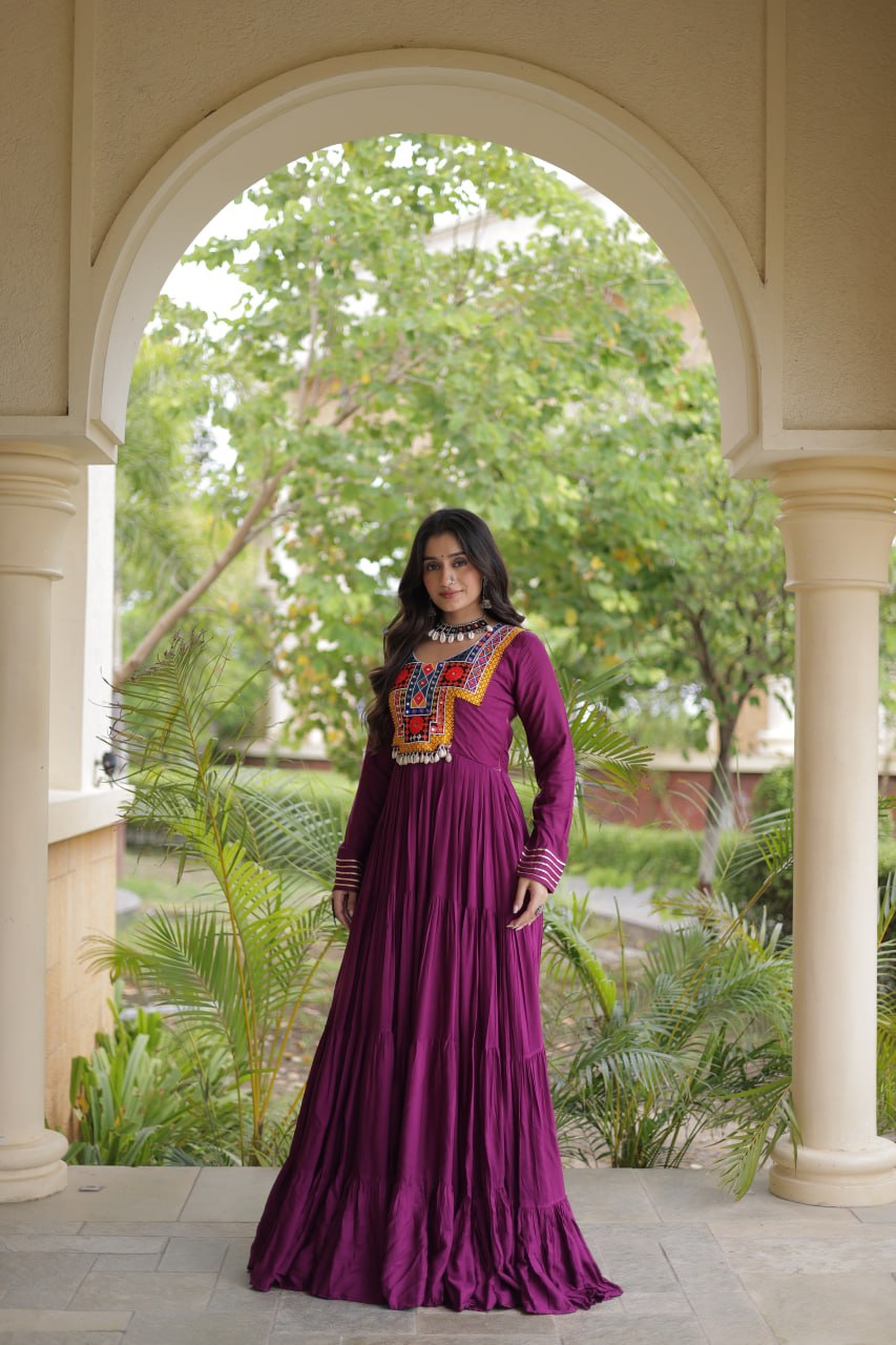 Wine Gamthi Mirror Work Gown