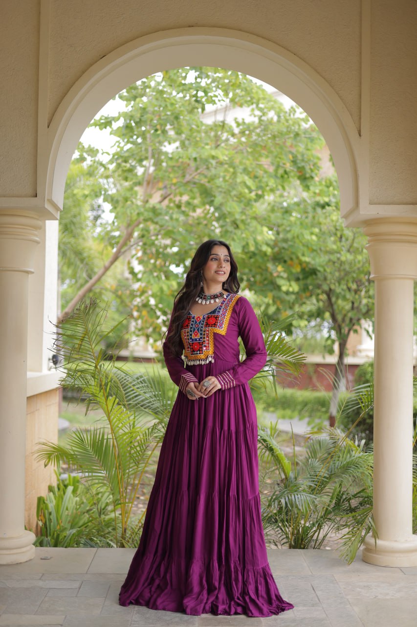 Wine Gamthi Mirror Work Gown