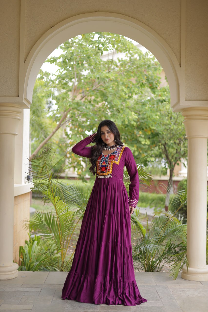 Wine Gamthi Mirror Work Gown