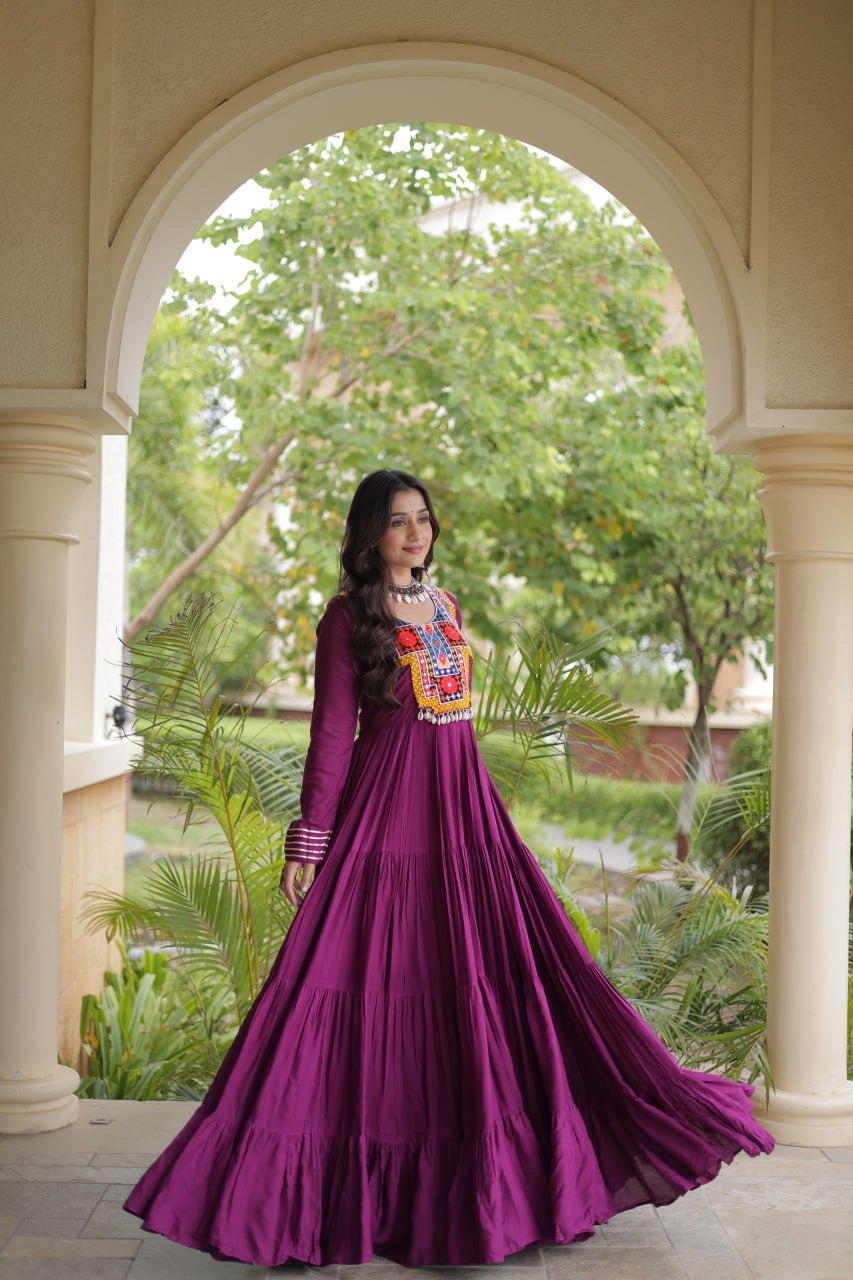 Wine Gamthi Mirror Work Gown