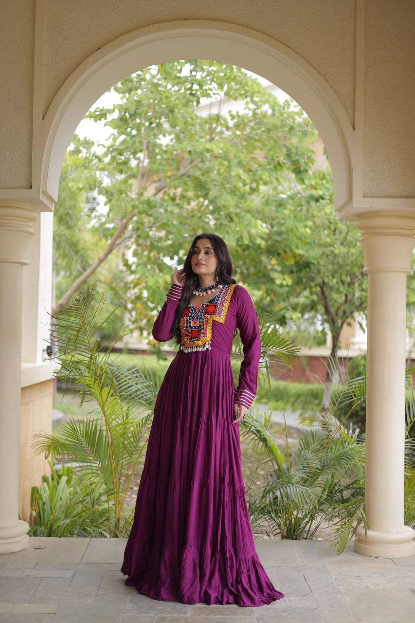 Wine Gamthi Mirror Work Gown
