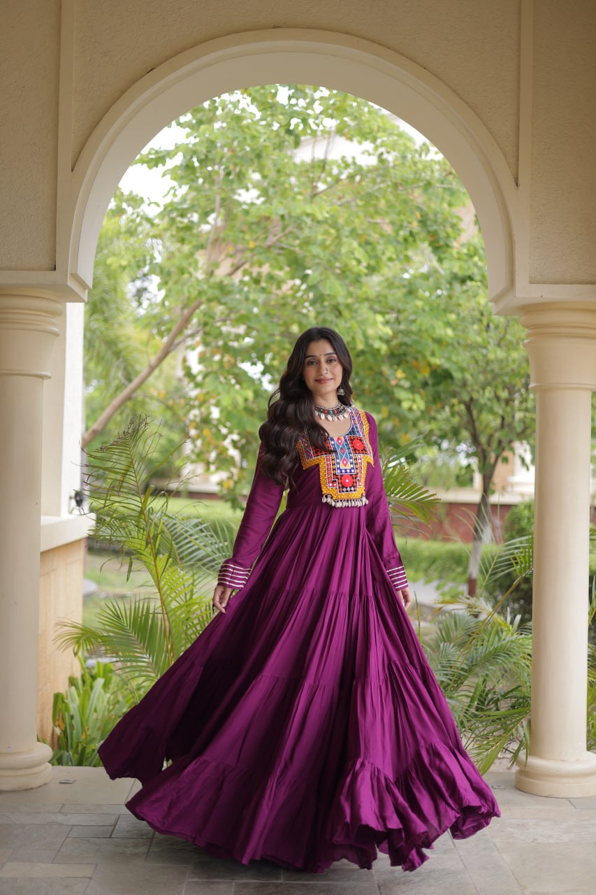 Wine Gamthi Mirror Work Gown