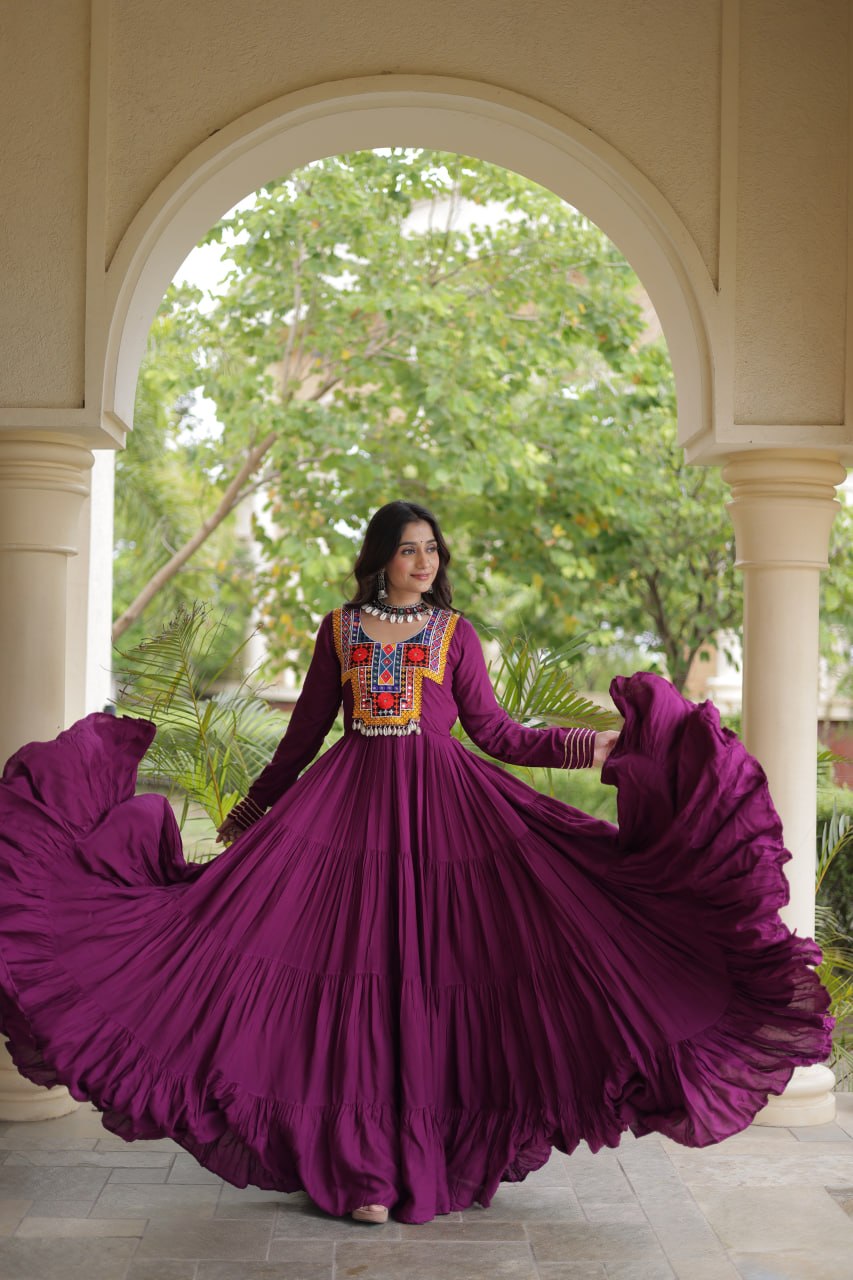 Wine Gamthi Mirror Work Gown
