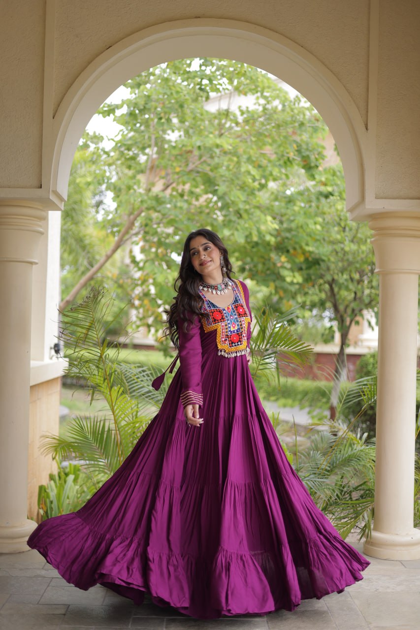 Wine Gamthi Mirror Work Gown