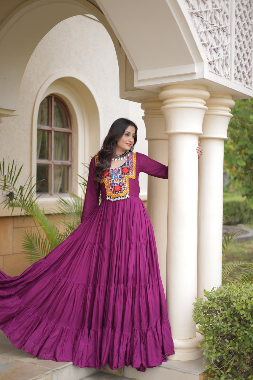 Wine Gamthi Mirror Work Gown