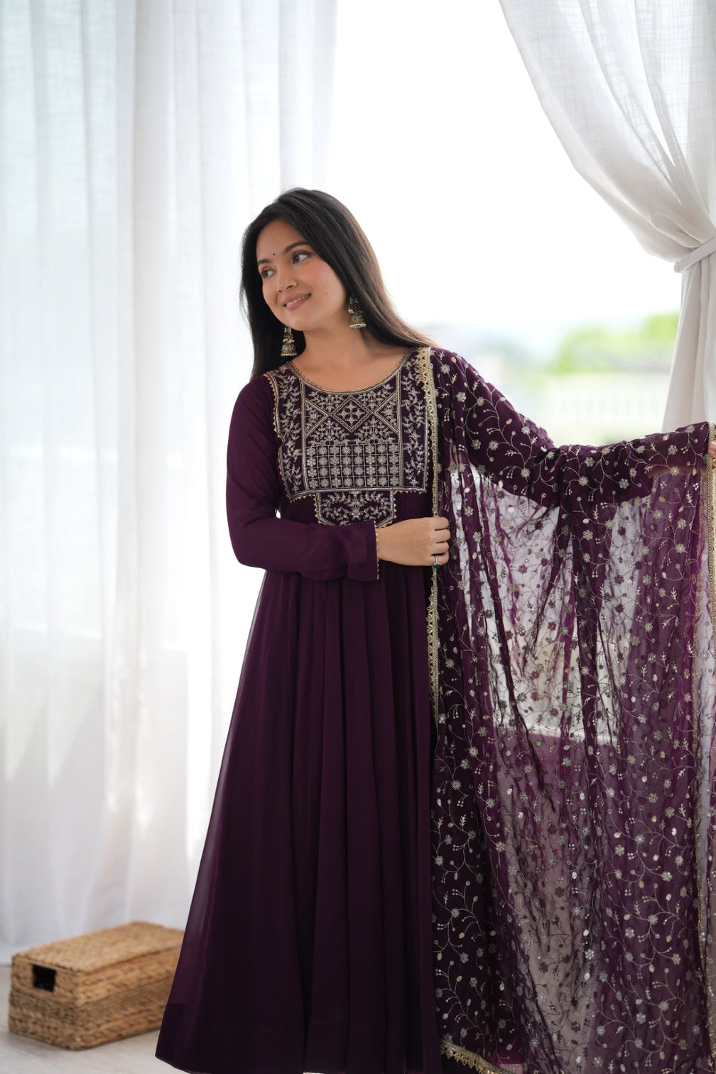 Wine Georgette Anarkali Suit