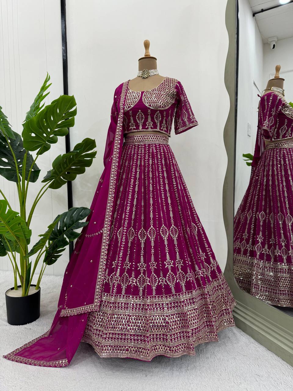 Wine Glamorous Faux Georgette Semi-Stitched Lehenga Set with Sequins & Cancan Flair