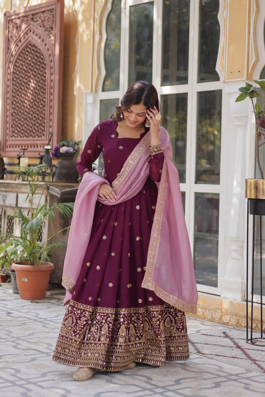 Wine Glamorous Star Georgette Embroidered Gown with Gold Crush Dupatta