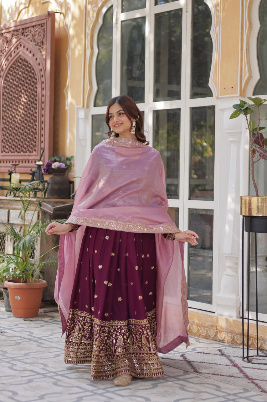 Wine Glamorous Star Georgette Embroidered Gown with Gold Crush Dupatta