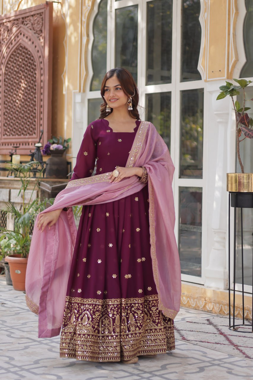 Wine Glamorous Star Georgette Embroidered Gown with Gold Crush Dupatta