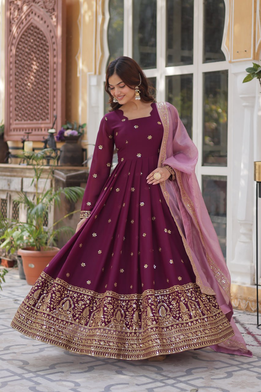 Wine Glamorous Star Georgette Embroidered Gown with Gold Crush Dupatta