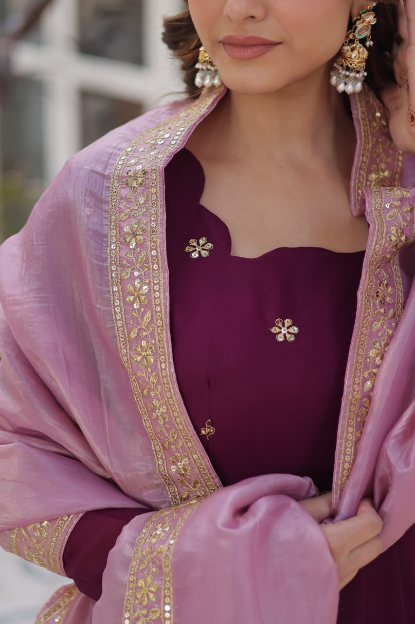 Wine Glamorous Star Georgette Embroidered Gown with Gold Crush Dupatta