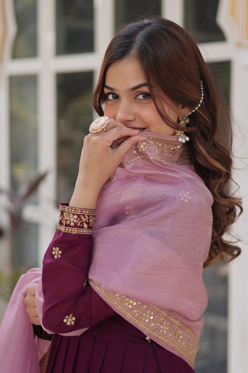 Wine Glamorous Star Georgette Embroidered Gown with Gold Crush Dupatta